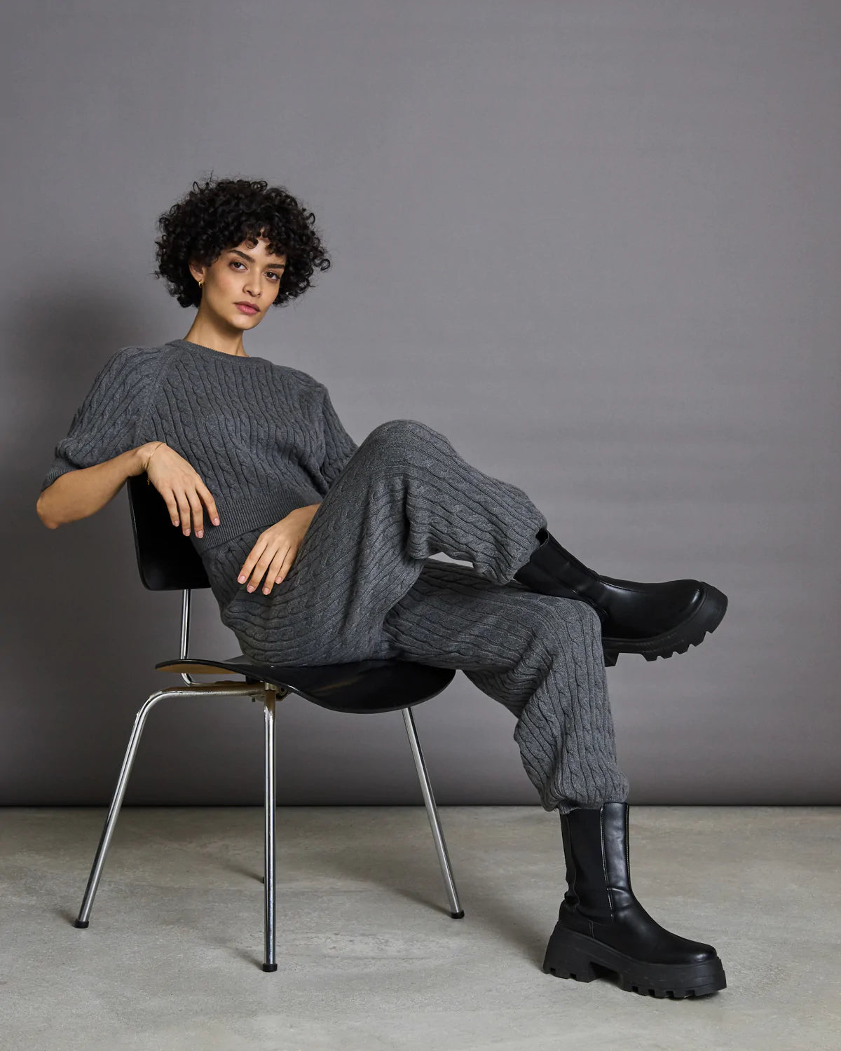 curate, jan n june, sustainable and ethical womens fashion apparel, dark grey sweatpants, cableknit sweats, matching loungewear set, womens loungewear, ethically made