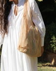 gold, dark beige, neutral tote bag, market bag, junes, everyday tote bag, made with bioknit, curate