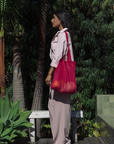 beetroot, magenta, pink market tote bag, sustainably and ethically made, handbag, bioknit, mesh bag, curate
