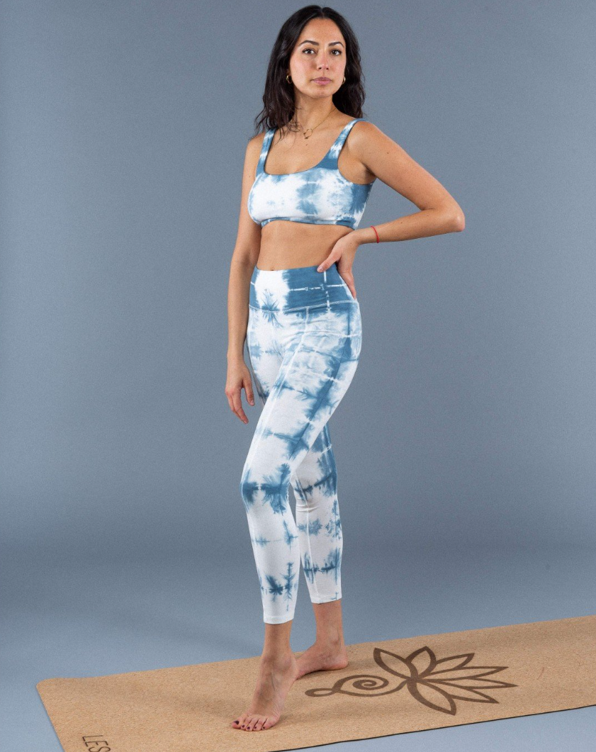 leser yoga, sustainable, ethical, eco friendly yoga apparel, yoga clothes, yoga womens wear, crop top, bra, sports bra, blue and white tie dye, curate, shop the curate