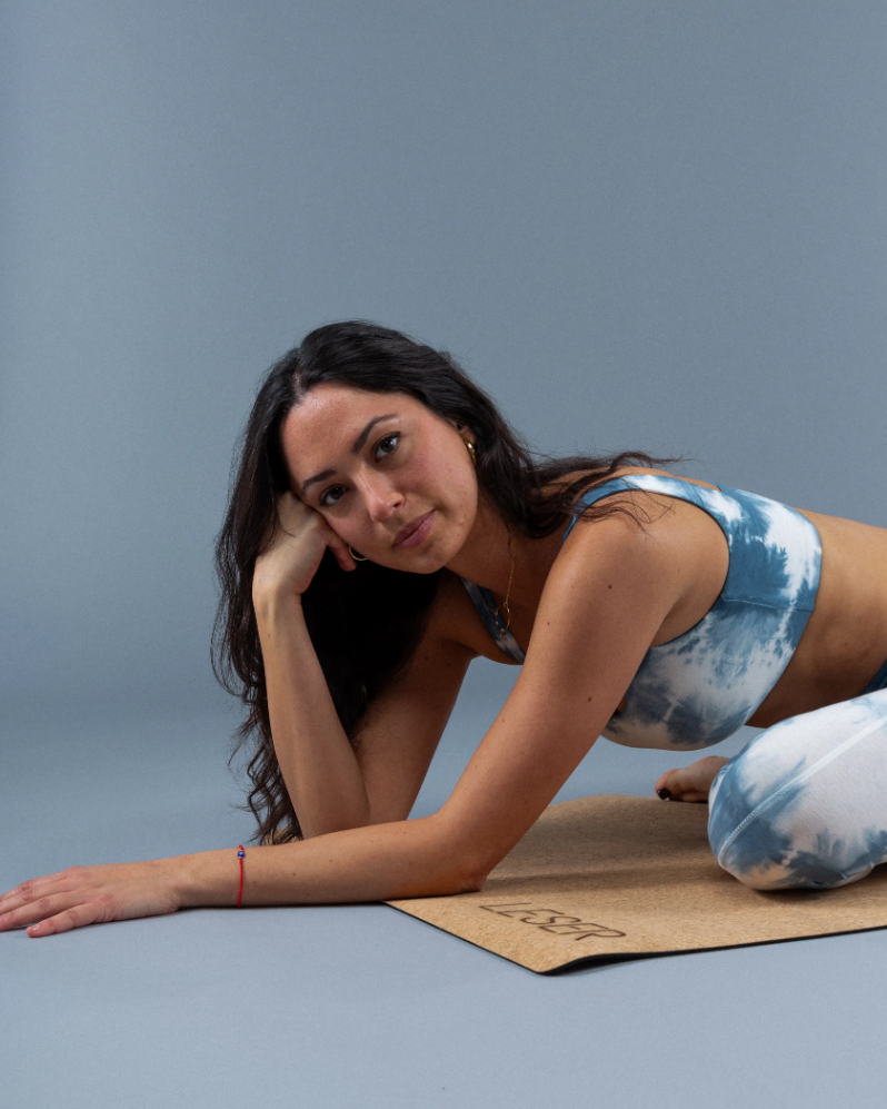 leser yoga, sustainable, ethical, eco friendly yoga apparel, yoga clothes, yoga womens wear, crop top, bra, sports bra, blue and white tie dye, curate, shop the curate