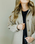 curate, laura laval paris, parisian womenswear, gary shirt jacket in beige brown, wool shacket, womens shirt jacket, outerwear, made in france, sustainable and ethically made womens apparel and fashion, parisian womens style