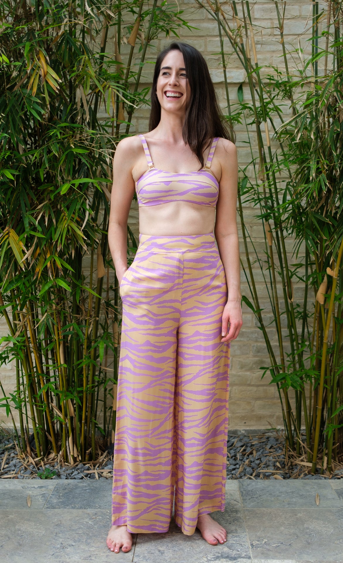 pastel purple and tan zebra print high-waist bikini bottom, sustainably and ethically made swimwear
