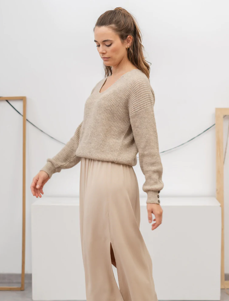 poems bcn, womens sweater, knitwear, vneck sweater, beige, camel color, ribbed sweater, neutral, essentials, fashion, womens apparel, sustainable, ethically made, shopthecurate, curate