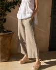 sauths, kim linen pants, brown, light brown, cappuccino, linen pants, womens apparel, summer pants, summer outfit, eco-friendly, ethical and sustainable apparel, curate