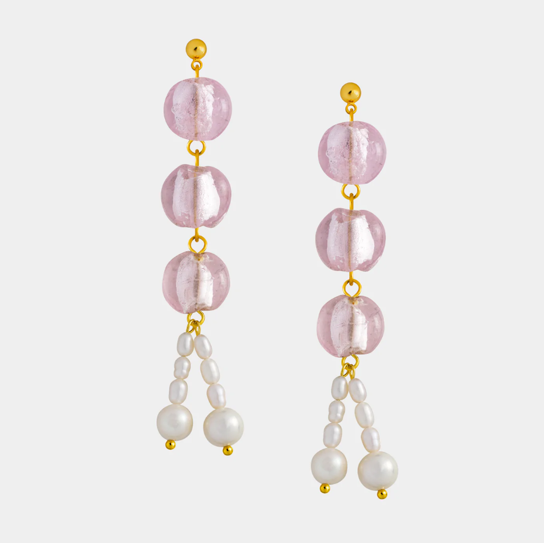 pink glass bead and pearl dangling earrings, sustainable and ethically made, Siizu
