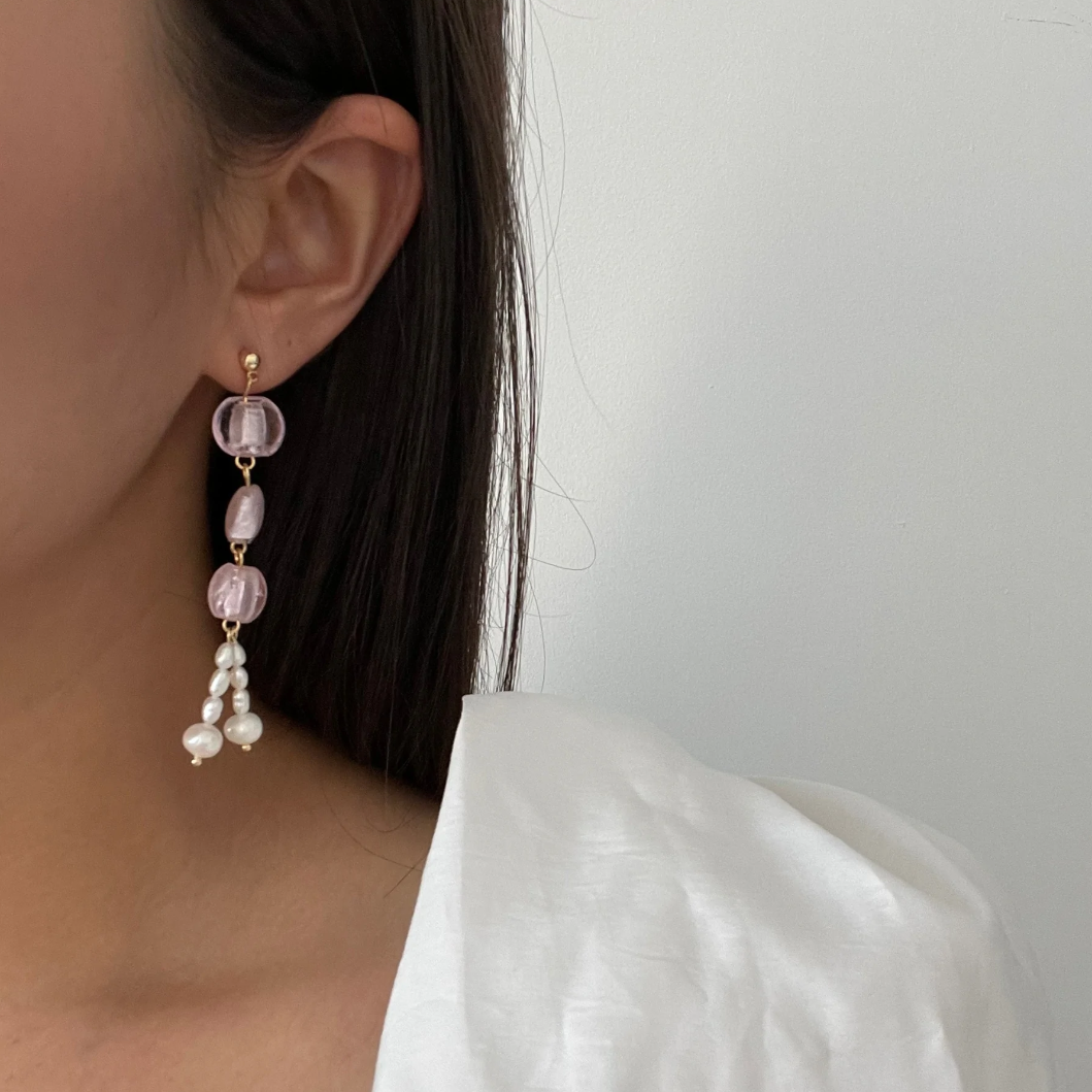 pink glass bead and pearl dangling earrings, sustainable and ethically made, Siizu