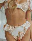 bella floral print, feminine, romantic, pink, brown, ivory, sustainable and ethically made, bikini bottoms, swimwear