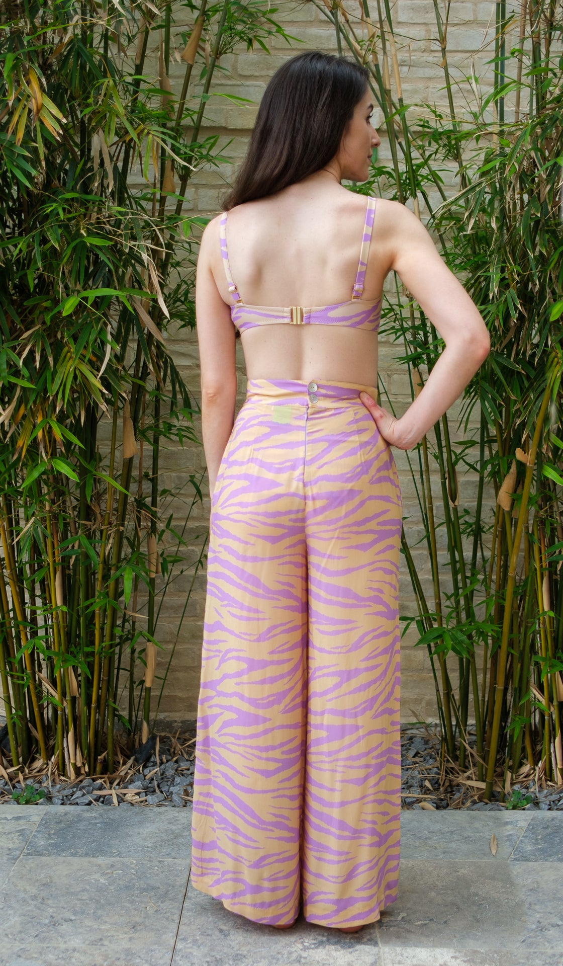pastel purple and tan zebra print wide leg high waist women's pants, sustainably and ethically made