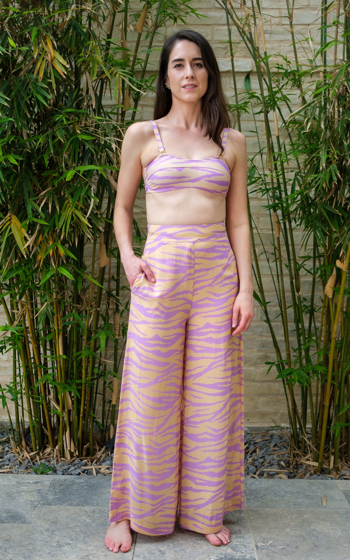 pastel purple and tan zebra print wide leg high waist women&#39;s pants, sustainably and ethically made