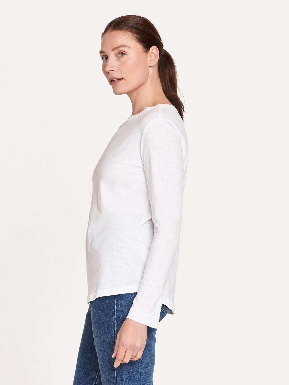 thought, womens white long sleeve cotton tee, jersey top, essentials, basics, capsule wardrobe, slow fashion, ethically made, sustainable, womens apparel, shopthecurate, curate