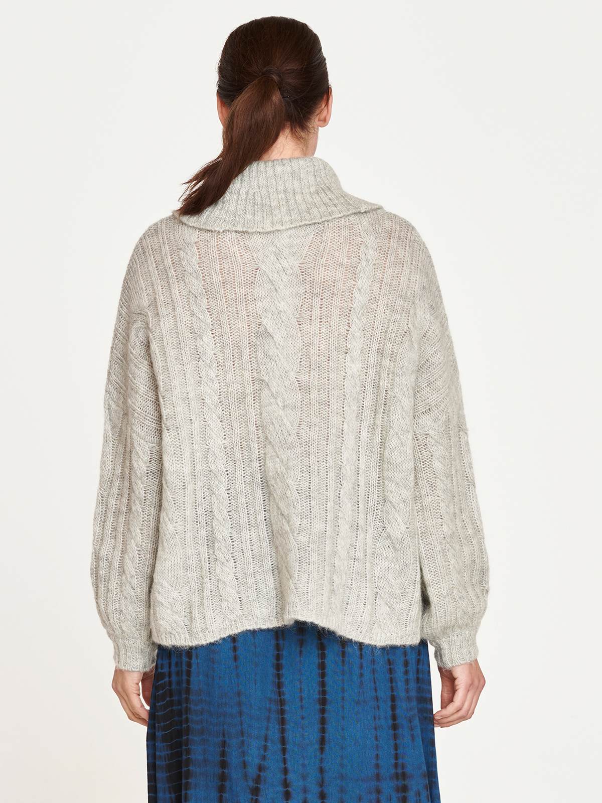 curate, thought apparel, ethically made and sustainable womens luxury apparel, lailia wool cable knit sweater in moonlight grey, women&#39;s knitwear and sweater