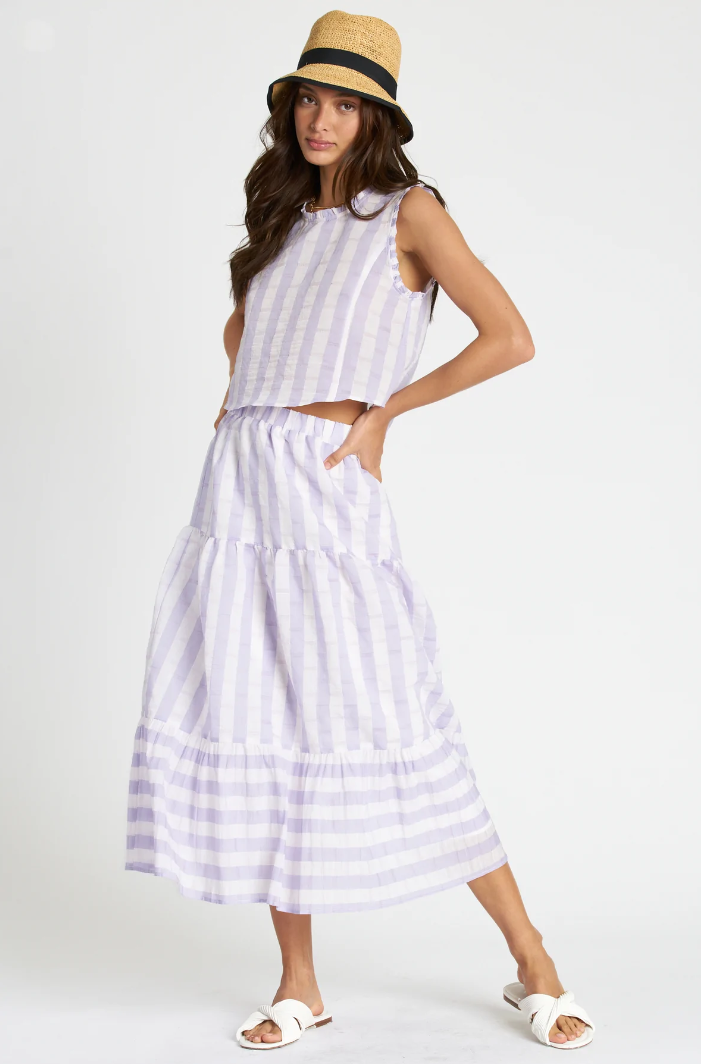 dra, ethical, sustainable apparel, women&#39;s apparel, lavender stripe tank top blouse, ruffle neckline, light purple, matching skirt and top set