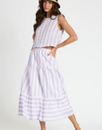 dra, ethical, sustainable apparel, women's apparel, lavender stripe tank top blouse, ruffle neckline, light purple, matching skirt and top set