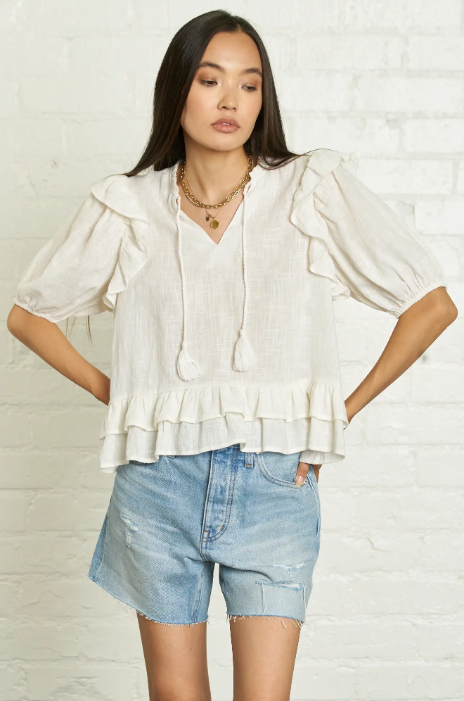 dra tori top, bohemian, boho, offwhite blouse, puff sleeves, tassels, ruffles, 100% cotton, lightweight, blouse, top, summer, curate, sustainable and ethical apparel, womens apparel, womens clothing